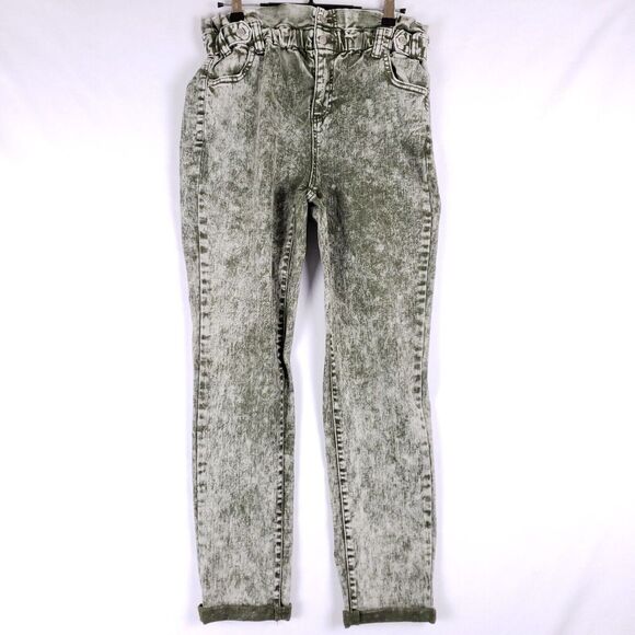 Almost Famous Denim - Almost Famous Acid Wash Paperbag Waist Jeans Women M Green Tapered Grunge Y2K